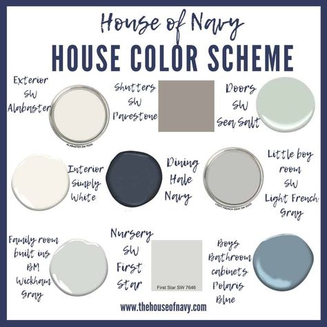 9 Stunning Coastal Paint Colors For Your Home - House of Navy Whole House Farmhouse Paint Scheme, Dollhouse Color Schemes, Paint Schemes Interior Whole House, Coastal Farmhouse Paint Colors, Navy Living Room Ideas, Whole House Paint Scheme, Whole House Color Palette, Whole House Color Scheme, Navy Paint Colors