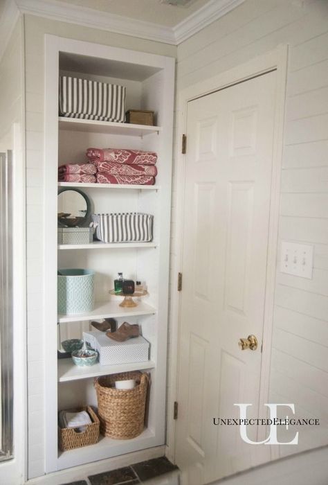 DIY Built-in Shelving for Storage tutorial Shelves Organization, Open Closet, Bathroom Closet, Bathroom Storage Shelves, Room Shelves, Upstairs Bathrooms, Bathroom Redo, Trendy Bathroom, Bath Room