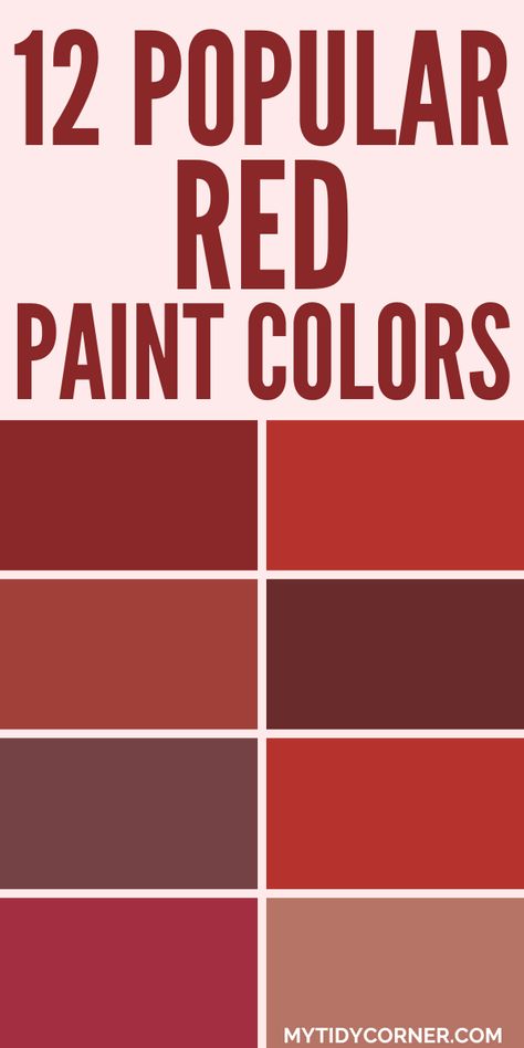 Collage of trending red paint colors from popular brands. Best Red Paint For Front Door, Red Clay Paint Color, Sherwin Williams Sun Dried Tomato, Sun Dried Tomato Sherwin Williams, Arroyo Red Benjamin Moore, Colonial Red Paint, Red Kitchen Cabinets Color Schemes, Sherwin Williams Reds, Burgundy Paint Colors Wall