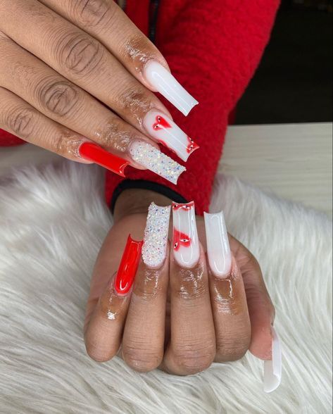 Red And White Birthday Nails, Valentines Day Nails Baddie, White Birthday Nails, Sweet 16 Nails, 16 Nails, Acrylic Nails Yellow, Girls Nail Designs, Valentines Day Nails, Valentine Nails