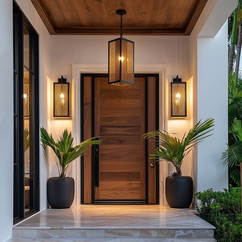 Entry Door Ideas Entrance, Front Door Indoor Decor, Modern Pillar Design Exterior Entrance, Stairs Leading To Front Door Entrance, Front Door With Panels, Foyer Doors Entryway, Modern Transitional Front Door, Mirror On Front Door, Tall Doors Entrance