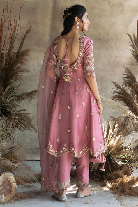 Buy Pink Silk Round Embroidered Anarkali Set For Women by Rachit Khanna Online at Aza Fashions. Silk Anarkali Suits, Organza Suits, Silk Anarkali, Embroidered Anarkali, Latest Dress Design, Anarkali Dress Pattern, Indian Dresses Traditional, Dresses Traditional, Traditional Indian Outfits