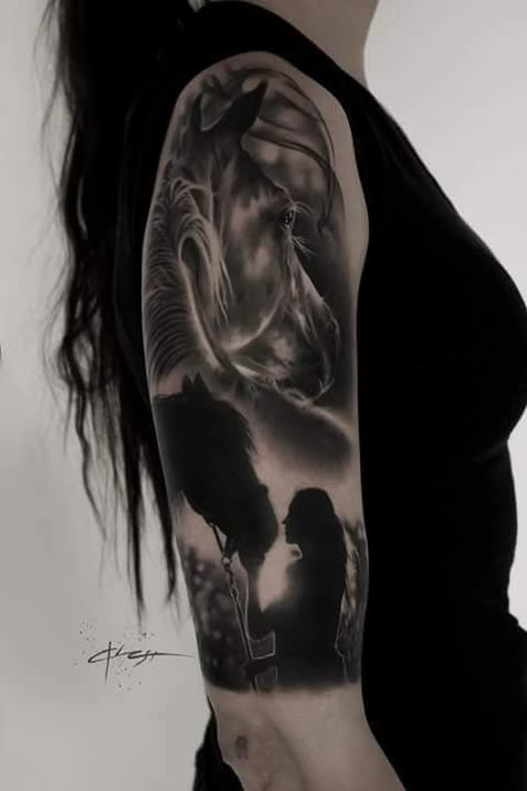 Horse Shoulder Tattoos For Women, Horse Half Sleeve Tattoo, Horse Moon Tattoo, Horse Forearm Tattoo Women, Horse Tattoo Ideas For Women Leg, Horse Tattoo Thigh, Horse Realism Tattoo, Horse And Woman Tattoo, Horse Wrist Tattoo