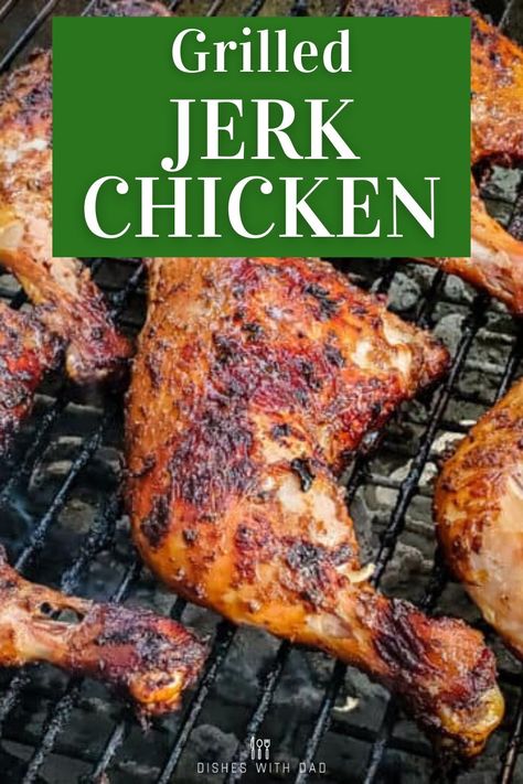 This grilled jerk chicken is marinated overnight in a flavorful blend of spices and grilled for a taste of the Caribbean in your own backyard.    Jerk chicken is a dish originating in the Caribbean islands and is most often associated with Jamaica. The marinade is a blend of of spices and chilis and is most often served on chicken and pork that is marinated overnight and grilled. Jerk Chicken Grilled, Jerk Chicken Recipe Grilled, Caribbean Jerk Chicken Recipe, Jerk Chicken Recipe Oven Baked, Jamaican Jerk Chicken Marinade, Jerk Chicken On The Grill, Grilled Jerk Chicken Recipe, Jerk Chicken Marinade, Grilled Jerk Chicken