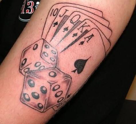 #Poker Tattoo Card And Dice Tattoo, Tattoo Dice, Dice Tattoos, Poker Tattoo, Dice Tattoo, Las Vegas Gambling, Gambling Machines, Bicep Tattoo, Gambling Cake