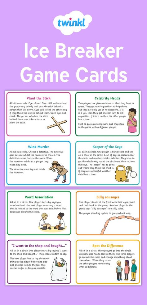 Use these fantastic game cards to help break the ice for a new class. With twelve different suggested games to play, this brilliant resource is a sure fire way to get your class working together and having fun in no time. Sign up to Twinkl to download this resource.   #classroom #classroommanagement #icebreaker #games #newclass #teacher #teach #school #education #children #twinkl #twinklresources #teachingresources Interactive Ice Breaker Games, Children Ice Breaker Games, Ice Breakers After Winter Break, Icebreakers For Elementary Students, Games To Play In Groups, 1st Grade Ice Breakers, Breaking The Ice Games, Kids Icebreaker Games, Art Class Ice Breakers