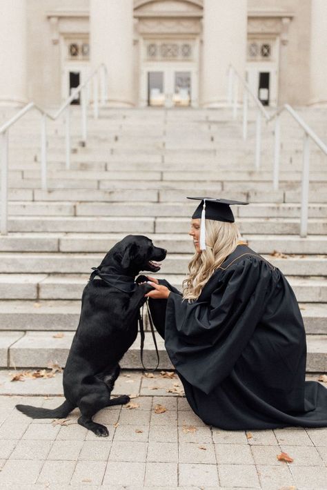 Dog And Owner Graduation Pictures, Dog Cap And Gown, Puppy Graduation Pictures, Grad Photoshoot With Dog, College Grad Pics With Dog, Dog Grad Pics, College Graduation Pictures Dog, Unique Senior Picture Ideas With Dogs, Graduation Pictures Dog