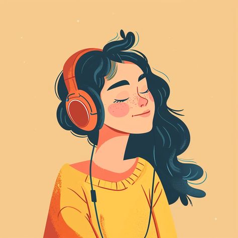 🎁🚀Charming Illustrations with Midjourney Prompts: Tap the Link in my Bio📌🔗 Woman Listening To Music Aesthetic, Listening Music Wallpaper, Girl Listening To Music Drawing, Listening Music Aesthetic, Listening To Music Illustration, Headphones Illustration, Woman With Headphones, Woman Listening To Music, Listening To Music Aesthetic