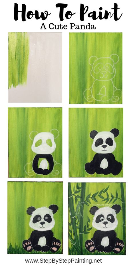 This is a super easy acrylic painting tutorial that comes with a free template traceable for the panda. Learn how to paint a cute panda using only a few paint colors. Great for the absolute beginner and kids! How To Paint Cute Animals, Paint And Sip Animal Ideas, Watercolor Panda Easy, Easy Wildlife Paintings, Diy Paint Party Templates, Easy Painting For Adults, Step By Step Easy Painting, Easy Acrylic Painting Ideas Tutorials, Simple Animal Paintings For Beginners