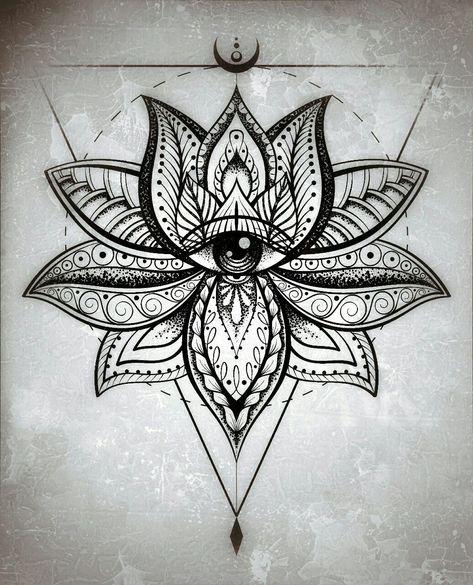 All Seeing Eye Mandala Tattoo, Lotus Neck Tattoo Men, Lotus Third Eye Tattoo, Chest Design Tattoo Men, Mandala Neck Tattoo Design, Lotus Sketch Tattoo, Lotus Head Tattoo, Gothic Lotus Tattoo, Lotus Flower Throat Tattoo