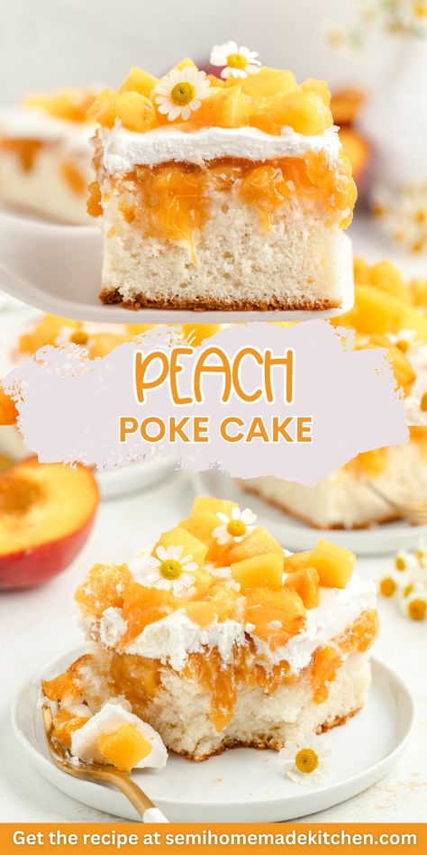 This peach poke cake is a simple and delicious dessert made with a vanilla cake mix, peach pie filling, and whipped topping. Perfect for any occasion, it's easy to make and bursting with peach flavor. Cake Mix And Peaches Recipes, Vanilla Cake With Peach Filling, Peaches And Cream Poke Cake, Peach Poke Cake Recipes, Peach Poke Cake, Peach Layer Cake Recipe, Worm Cake, Quick Summer Desserts, Peach Cake Recipes