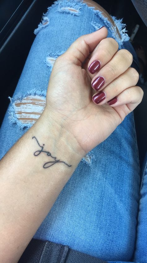 My joy tattoo :-) Joyful Tattoo Ideas, Joy Wrist Tattoo, Joy Tattoo Fonts, Joy Tattoos For Women, Joyful Tattoo, Choose Joy Tattoo, Joy Tattoo Ideas, Writer Tattoos, Knitting Tattoos