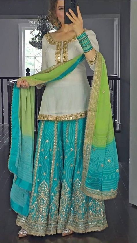 Latest Trendy Suit Designs, Latest Suit Designs Indian, Cotton Sharara, Indian Sharara, Partywear Suits, Georgette Material, Suit Indian, Fancy Suit, Gaun Fashion