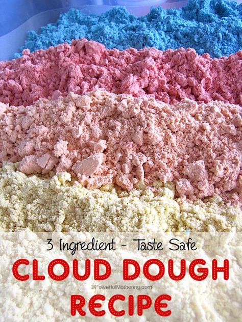 3 Ingredient Taste Safe Cloud Dough Recipe with PowerfulMothering.com Cloud Dough Recipe, Moon Dough, Cloud Dough Recipes, Christmas Sensory, How To Make Clouds, Sensory Dough, Cloud Dough, Color Cloud, Sensory Activity