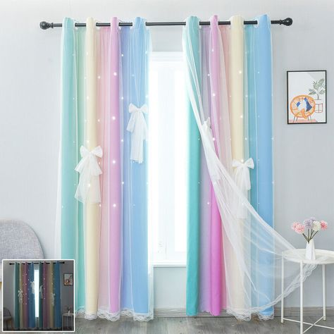 Rainbow Curtains, Curtains For Kids, Girls Bedroom Curtains, Star Cut Out, Study Decor, Layered Curtains, Double Curtains, Net Curtains, Types Of Curtains