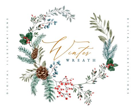 Winter Watercolor Wreaths Clipart Premade Christmas Wreath - Etsy Illustrated Christmas Wreath, Winter Wreath Clipart, Winter Flowers Watercolor, Christmas Flowers Watercolor, Christmas Wreath Painting, Painted Wreaths, Wreath Painting, Watercolour Wreath, Christmas Wreath Svg