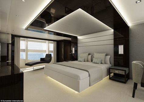 The standard setup for the Sunseeker 131 is five cabins that can accommodate a total of 10 guests, said Sunseeker International Yacht Bedroom, Sailboat Interior, False Ceiling Bedroom, Plafond Design, Ceiling Design Living Room, Ceiling Design Modern, Bedroom False Ceiling Design, Yacht Interior, Ceiling Design Bedroom