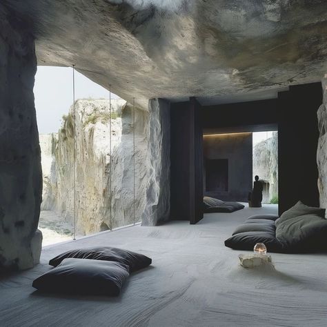 Cave Like Interior, Caves Aesthetics, Stone Furniture Design, Cave Interior Design, Rock Architecture, Cave Interior, Rock Interior, Stone Room, Cave Houses