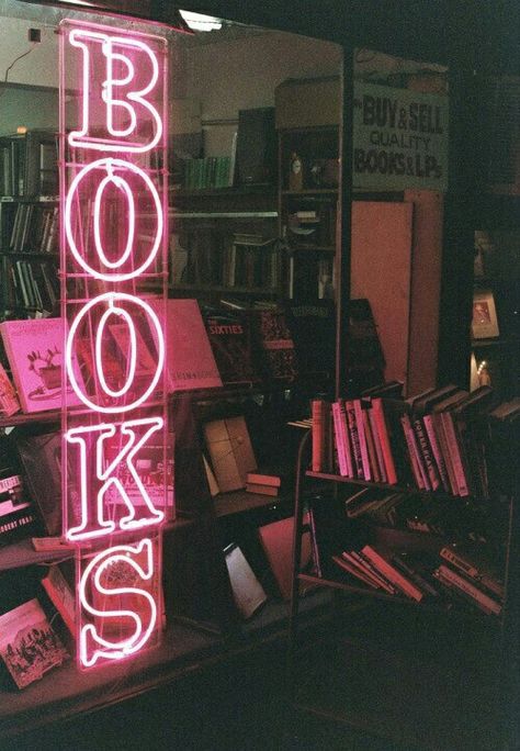 Neon "BOOKS" sign outside a bookstore Book Store, I Love Books, Book Aesthetic, Neon Lighting, Love Book, Book Nerd, Neon Sign, Wall Collage, Bookstore