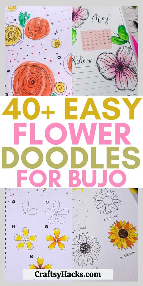 Journal Ideas Doodle Drawing, Sharpie Flowers Doodles, Easy Floral Designs To Draw, Doodling Flowers Simple, How To Draw Cute Flowers Easy, Dot Journaling For Beginners, How To Draw Flowers For Beginners Easy, Doodle Bujo Journal Ideas, How To Draw Flower Doodles