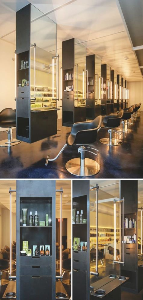 Floating Salon Stations, Double Sided Salon Stations, Makeup Station Salon, Hair Wash Station, Dream Salon, Hair Stations, Suite Ideas, Hair Salon Design, Salon Stations