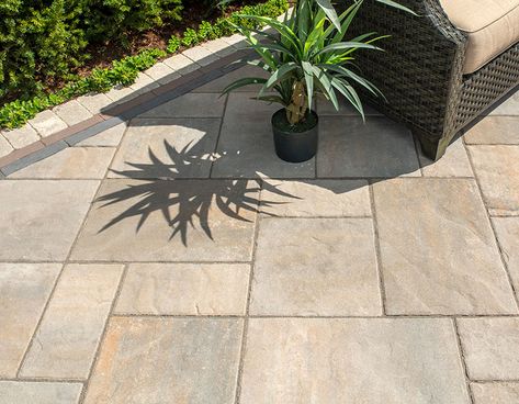 12x12 Patio Paver Ideas, Unilock Pavers, Grey Pavers, Trek Deck, Patio Floor, Outdoor Pavers, Grey Patio, Patio Flooring, Beautiful Outdoor Spaces