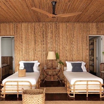 Discover bedroom design ideas on HOUSE - design, food and travel by House & Garden including a redesigned bamboo house on the Caribbean island of Mustique Bamboo Bedroom, House Bedroom Ideas, Bamboo House Design, Bamboo House, Twin Bedroom, Serene Bedroom, House Garden, Wicker Furniture, Decoration Design