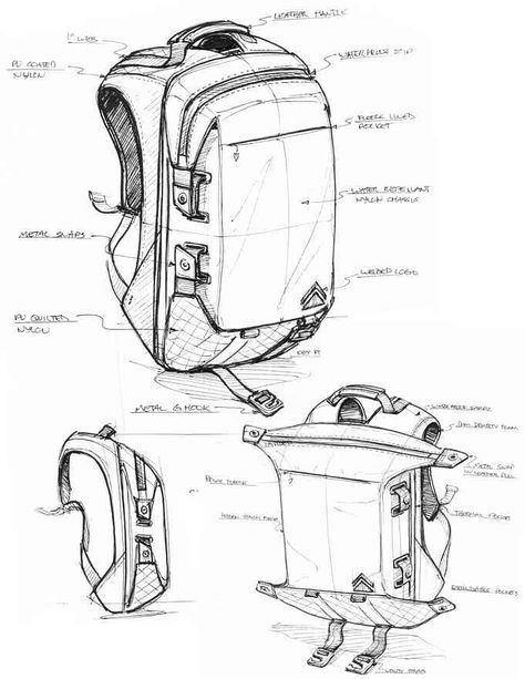 All-Adventures Backpack - THE FIELD RUCKSACK by Standard Pacific Goods — Kickstarter Backpack Design Concept, Backpack Drawing, Backpack Art, Conceptual Drawing, Bag Illustration, Adventure Backpack, Drawing Bag, Industrial Design Sketch, Id Design