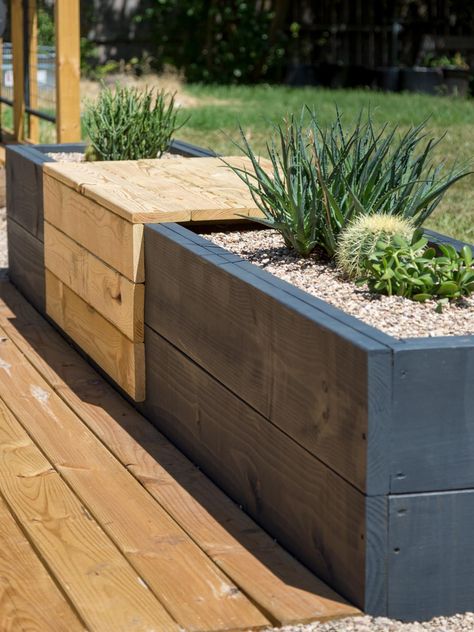 Make a Modern Planter and Bench Combo | Outdoor Spaces - Patio Ideas, Decks & Gardens | HGTV Planting Bench, Modern Planting, Taman Diy, Planter Bench, Modern Planter, Backyard Small, Property Investment, Modern Planters, Pergola Patio