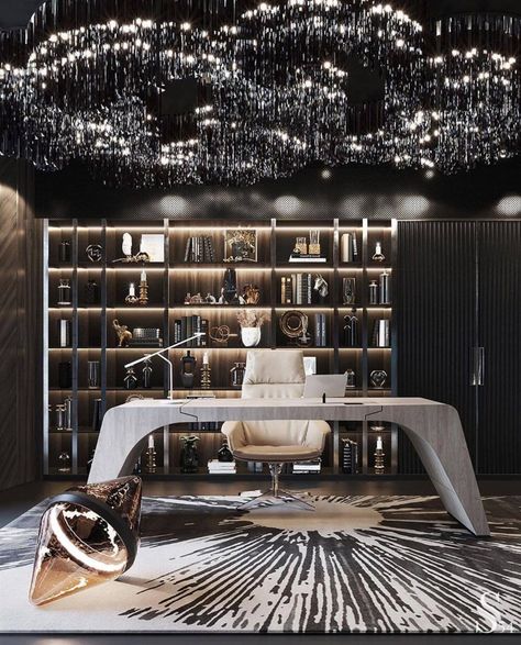 For all lovers of Contemporary Interiors, here we have a luxurious office that leaves us surrendered by the way it seduces us in this whole scenario. The Luxurious Home Office, Office Design Trends, تصميم داخلي فاخر, Office Interior Design Modern, Modern Office Interiors, Black Interior Design, Bookcase Design, Luxury Office, Office Interior Design