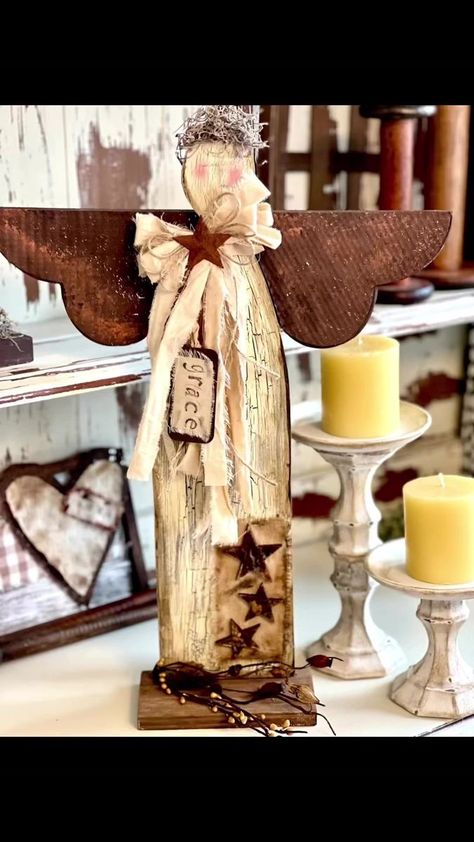 😇 Wood cut-out from DnJ Crafts and Creations ❤️ #therustcoveredcottage #angels #homedecor | The Rust-Covered Cottage | The Rust-Covered Cottage · Original audio Wood Angels, Primitive Angels, Primitive Angel, Christmas Angel Decorations, Diy Angels, Wood Angel, Wooden Angel, Wood Craft Projects, Cookie Tin