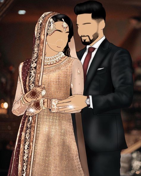 Muslim Wedding Couple Illustration, Muslim Couple Illustration Wedding, Wedding Illustration Couple, Islamic Photography, Bride Fashion Illustration, Wedding Cards Images, Wedding Illustration Card, Couple Illustration Wedding, Bride And Groom Cartoon