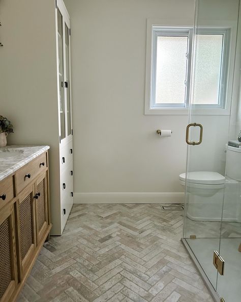 Small serene bathroom Brick Flooring Bathroom, Brick Bathroom Floor, Brick Floor Bathroom, Tile Flooring Bathroom, Brick Bathroom, Herringbone Brick, Brick Look Tile, Intake Form, Serene Bathroom