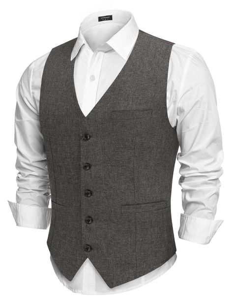 PRICES MAY VARY. Premium Material --- The slim fit waistcoat is made of high-quality fabric that is soft, breathable and lightweight, give you a skin-friendly feeling. Suit Vest Design --- Modern fashion vest with 2 side pockets, a chest pocket, V-neck and 5 button closure. The adjustable back vest provides a more accurate fit, finished by excellent stitching. Casual Vest Looking --- Stylish suit vest has a linen-like texture specially designed for western men, match with a shirt for casual dail Men Casual Suit, Casual Wedding Suit, Casual Suit Vest, Western Men, Business Vest, Vest Design, Wedding Waistcoats, Formal Vest, Tweed Waistcoat