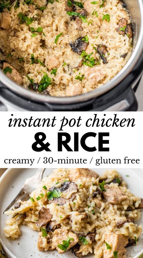 This Instant Pot Chicken and Rice recipe is the ultimate 30-minute meal. Tender chicken, mushrooms, and rice are pressure cooked to perfection in a rich and creamy mushroom sauce. No canned soup necessary! Instant Pot Chicken Mushroom Rice, Cream Of Mushroom Chicken And Rice Instant Pot, Chicken And Mushroom Recipes Instant Pot, Chicken And Rice Casserole Recipes Cream Of Mushroom Instant Pot, Instant Pot Chicken Thighs And Rice, Chicken Mushrooms And Rice, Cream Of Mushroom Rice, Chicken Thigh And Rice Recipe, Mushrooms And Rice