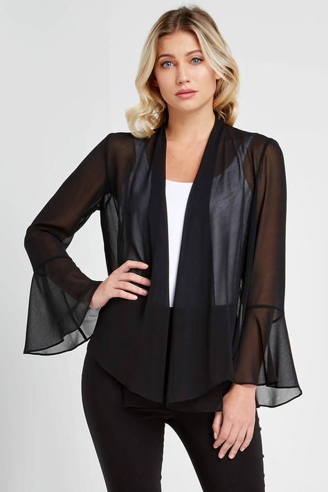 Flute Sleeve Chiffon Bolero - Free UK Delivery - 10 12 14 16 18 20 - The perfect piece to complete any outfit, this lightweight chiffon bolero is a season must-have! Made in a soft, sheer chiffon fabric with long sleeves finessed with on-trend fluted cuffs, this bolero is a great way to accessorize an evening dress or top. - Romanoriginals.co.uk Jackets To Wear With Dresses, Chiffon Bolero, Flute Sleeve, Chiffon Jacket, Chiffon Party Dress, Sheer Jacket, Outerwear Trends, Chiffon Fashion, Evening Outfits