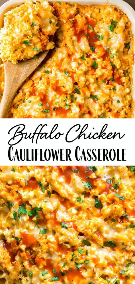 Creamy Buffalo Chicken Cauliflower Casserole - an easy recipe great for those on keto, low carb and/or gluten free diets. This casserole bake is loaded with spicy buffalo chicken sauce, chunks of chicken, and cauliflower rice - a delicious tasting freezer friendly meal. All mixed with a delicious blend of cheeses. | #dlbrecipes #lowcarbrecipes #ketorecipes #buffalochicken #glutenfreerecipes #freezerfriendly #freezermeal Buffalo Chicken Cauliflower Casserole, Buffalo Chicken Cauliflower, Chicken And Cauliflower Rice, Chicken Cauliflower Casserole, Creamy Buffalo Chicken, Buffalo Chicken Sauce, Chicken And Cauliflower, Casserole Bake, Spicy Buffalo Chicken