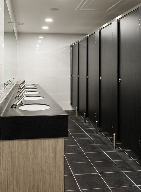 Black toilet cubicles Office Shower Design, Modern School Bathroom, Office Bathroom Design Small Spaces, Private School Bathroom, School Washroom Design, Public Toilet Design Ideas, Public Wc Design, Commercial Toilet Design, School Toilet Design