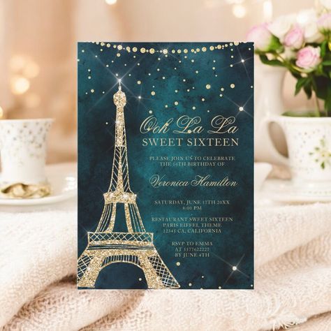 Eiffel tower teal gold glitter sparkle Sweet 16 Invitation Night In Paris Quincenera, Starry Night In Paris Theme, Paris Themed Prom, Paris Quinceanera Theme, Hoco Themes, Paris Theme Party Decorations, Valentines Banquet, Paris Sweet 16, Drawn Rose