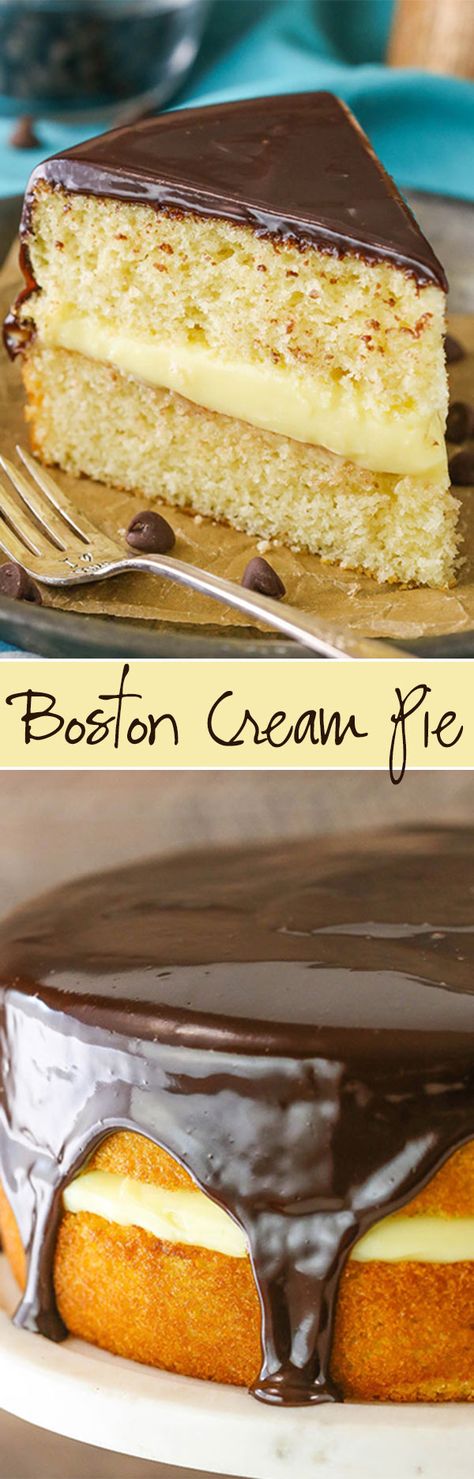 Boston Cream Pie! A classic vanilla cake with pastry cream filling and chocolate ganache! Boston Cream Pie Cake, Boston Cream Pie Recipe, Boston Cream Cake, Pastry Cream Filling, Boston Cream Pie, Cream Pie Recipes, Boston Cream, Gateaux Cake, Baileys Irish Cream