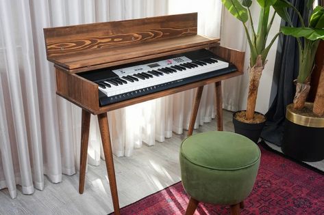 Mid Century Modern Piano Keyboard Stand, Solid Wood Kids Piano Stand, Piano Keyboard Table - Etsy Electric Keyboard Stand, Wood Keyboard Stand, Wooden Piano Stand, Piano Keyboard Desk, Key Board Piano, Keyboard Piano Stand, Keyboard Decor, Keyboard Table, Modern Piano