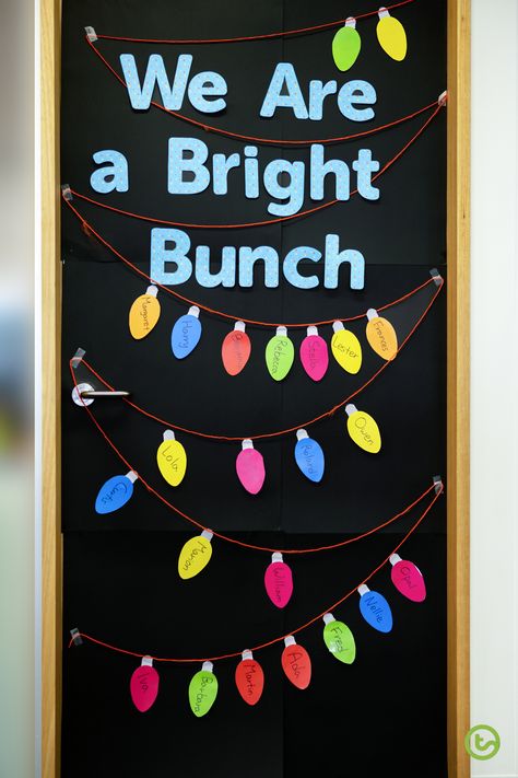 Christmas Decor For School Door, Christmas Light Classroom Door, Holiday Posters For School, Christmas Themed Teacher Doors, Door Ideas For Infant Classroom, Easy Wall Murals For School, Christmas Light Bulletin Board Ideas, Chrismass Decore Ideas For Classroom, Simple Christmas Classroom Door Ideas