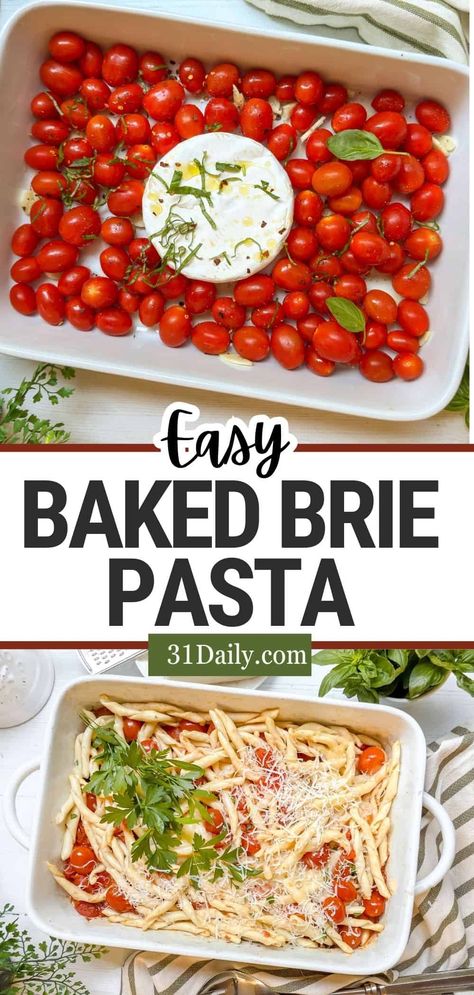 Try this easy and delicious Baked Brie Pasta recipe with cherry tomatoes, basil, and creamy brie cheese. A perfect dish for weeknight dinners or as a tasty dip! Brie Cherry Tomatoes Pasta, Pasta Brie Recipe, Brie Recipes Pasta, Dinner Recipes With Brie Cheese, Brie And Tomato Pasta, Brie Tomato Pasta, Baked Brie Pasta With Cherry Tomatoes, Baked Brie Tomato Recipes, Baked Brie With Tomatoes