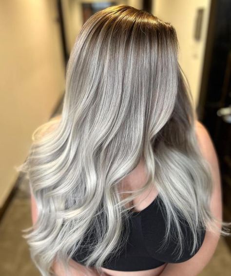 Ash Blonde to Silver Balayage with Root Smudge Blonde With Brown Smudge Root, Silver Hair With Root Smudge, Dimensional Ash Blonde Balayage, Ash Brown Roots Blonde Hair, Ash Root Smudge, Icy Blonde With Root Smudge, Ash Blonde Root Smudge, Frosted Blonde Hair, Ashy Blonde Hair Color