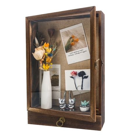 PRICES MAY VARY. Engineered Wood Memory Box - Protect and share your most precious moments and memorabilia. You can arrange wedding bouquets, photos, cards, military memorabilia, pet memorabilia, concert tickets, medals, etc. Perfect gifts. Extra drawer provide a place for jewelry, coins, keys, and other small items. Hinged Door - The front display door makes it easy to place or exchange items inside. The retro horn lock makes the shadow box lockable and more secure, and prevents the items insid Memorial Home Decor Display, Shadow Box For Passed Loved Ones, Memorabilia Display Ideas, Display Case Ideas, Memory Box Ideas, Hanging Jewelry Box, Natural Crafts, Memories Box, Deep Shadow Box