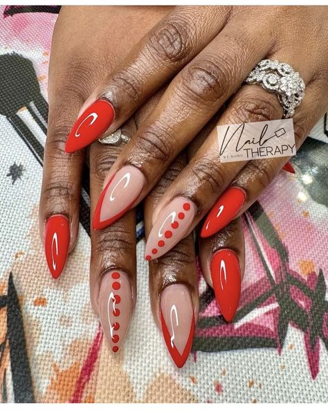 Red Chic Nails, Red Fire Nails Designs, Red Polish Nail Designs, Christmas Colors Nails, 2024 Holiday Nails, Cute Holiday Nails Winter, Red Flames Nails, Fall Nails Simple Almond, Stiletto Fall Nails