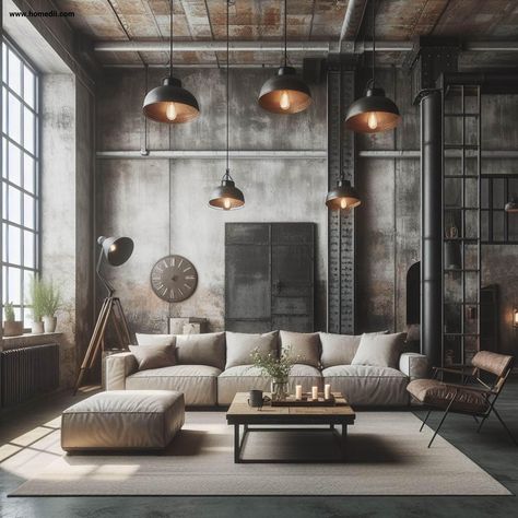 Industrial Living Room Design Ideas: Opt For Distressed Furniture, industrial living room decor, industrial living room ideas, industrial living room interior, industrial living room design, industrial living room inspiration #industriallivingroom #industrial #livingroomideas #livingroomdesign #livingroom Industrial Comfort Room Design, Fall Lock Screen, Industrial Loft Living Room, Loft Living Room Decor, Loft Living Room Design, Sala Industrial, Rustic Industrial Living Room, Modern Industrial Loft, Modern Industrial Living Room