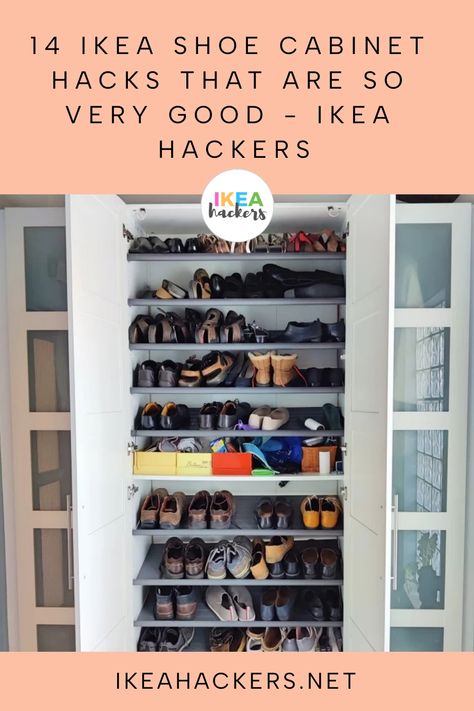 Shoe Cabinet Garage, Shoe Storage For A Lot Of Shoes, Ikea Billy Bookcase Shoe Storage, Wardrobe Shoe Storage Ideas, Shoe Closet Ideas Entryway, Garage Storage Shoes, Ikea Shoe Closet Hack, Pax Wardrobe Shoe Storage, Shoe Rack Garage Organization Ideas