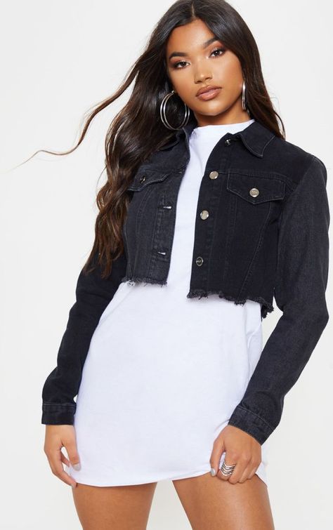 Cropped Black Denim Jacket, Top Gris, White Tshirt Dress, Jean Jacket Outfits, Denim Jacket Outfit, Denim Skirt Outfits, Crop Jean Jacket, Jacket Outfit, Outfit Trends