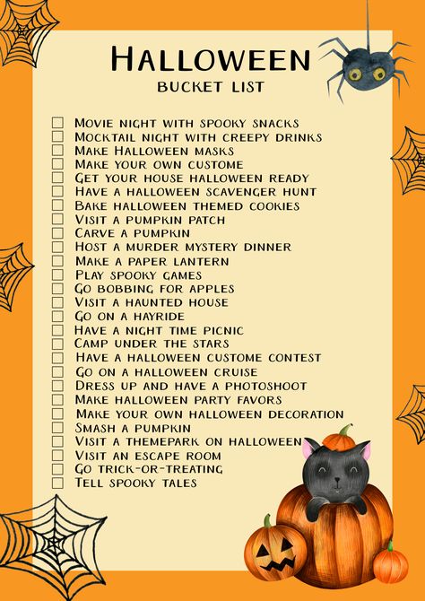 Free printable Halloween bucket list | 27 fun Halloween ideas for families. Activitis for toddlers, teens, college students and adults. Hayride, pumpkin carving, Halloween treats DIY, Halloween decoration and more. Halloween ideas for children. Halloween activities for toddlers. Halloween free printable. Halloween Bucket List For Toddlers, 31 Halloween Activities, 31 Days Of Halloween Activities For Adults, Halloween Wellness Ideas, Aesthetic Halloween Activities, At Home Halloween Activities Adults, Halloween Friend Activities, Halloween Bukett List, Halloween Stay At Home Ideas